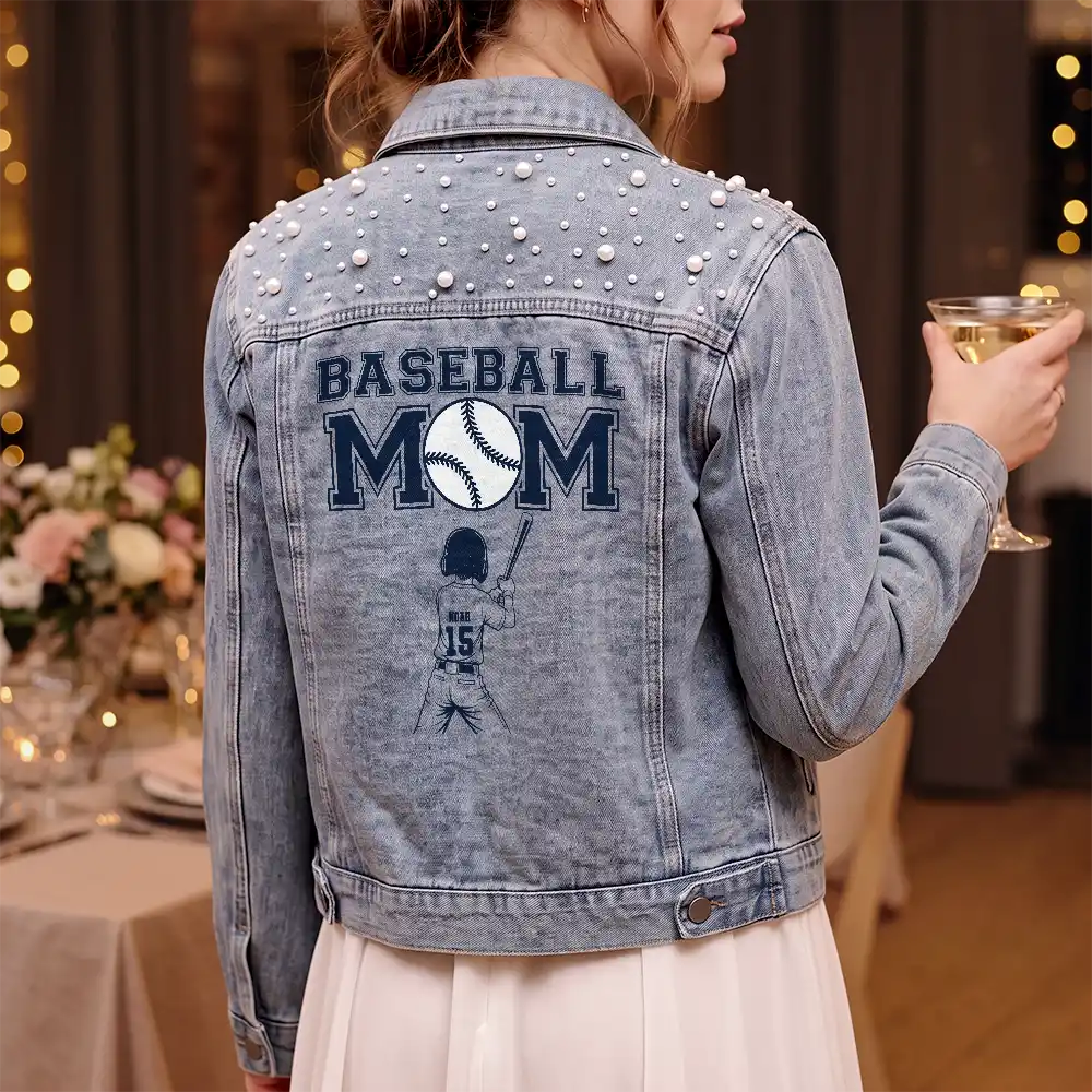 Baseball,Christmas,Confident,Gift For Mother,Gifts For Her,Sport Mom,Top Market,Vector - Gift For Baseball Mom - Personalized Baseball Mom With Kid Name And Number Denim Jacket