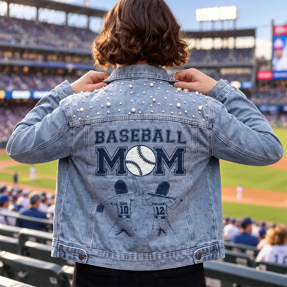 Baseball,Christmas,Confident,Gift For Mother,Gifts For Her,Sport Mom,Top Market,Vector - Gift For Baseball Mom - Personalized Baseball Mom With Kid Name And Number Denim Jacket