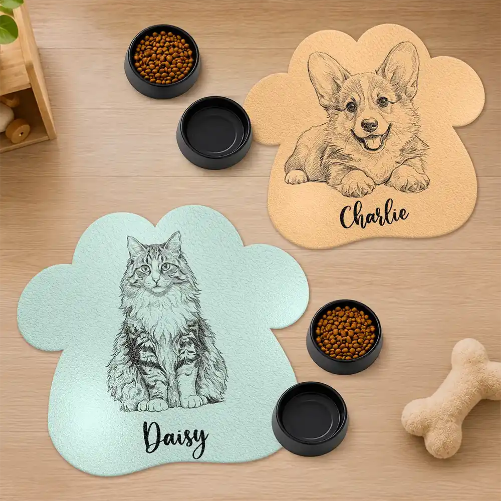 Art Design,Custom Photo,Dog Lovers,Pet Lovers,Photo - Pencil Sketch - Remove BG,Playful - Gift For Dog Lovers - Personalized Custom Photo Pencil Sketch Dog Ears Line Art With Name Pet Feeding Mat