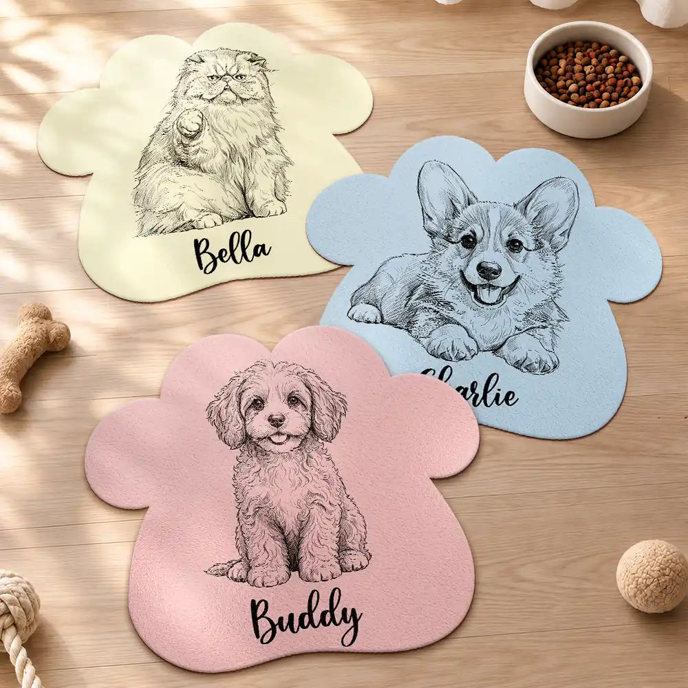 Art Design,Custom Photo,Dog Lovers,Pet Lovers,Photo - Pencil Sketch - Remove BG,Playful - Gift For Dog Lovers - Personalized Custom Photo Pencil Sketch Dog Ears Line Art With Name Pet Feeding Mat