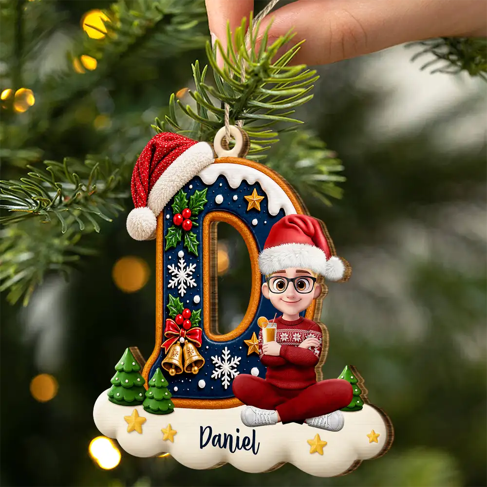 Christmas, Family, Playful, Vector - Gift For Family Kids - Personalized Name And Character Sitting On Snowy Christmas Initial Wooden Ornament