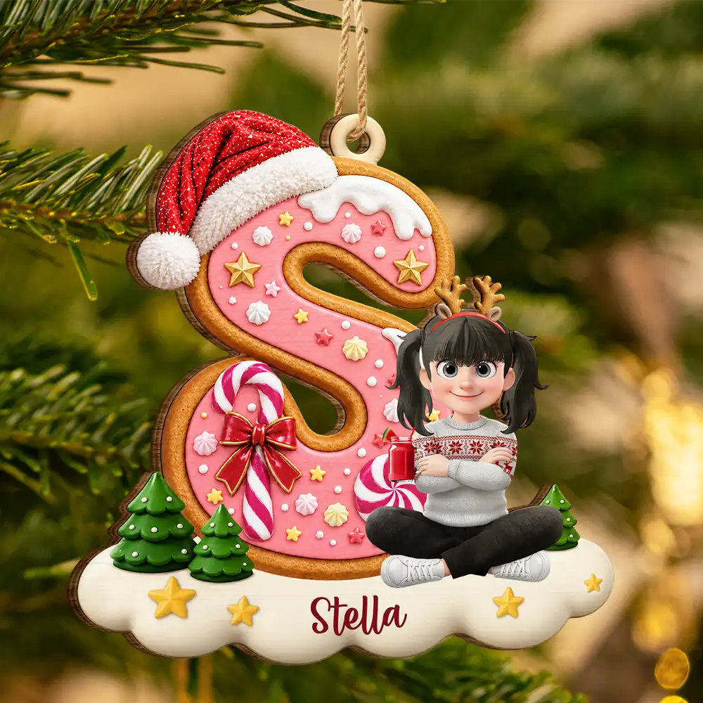 Christmas, Family, Playful, Vector - Gift For Family Kids - Personalized Name And Character Sitting On Snowy Christmas Initial Wooden Ornament
