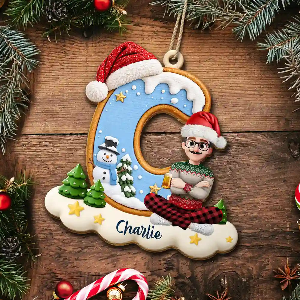 Christmas, Family, Playful, Vector - Gift For Family Kids - Personalized Name And Character Sitting On Snowy Christmas Initial Wooden Ornament