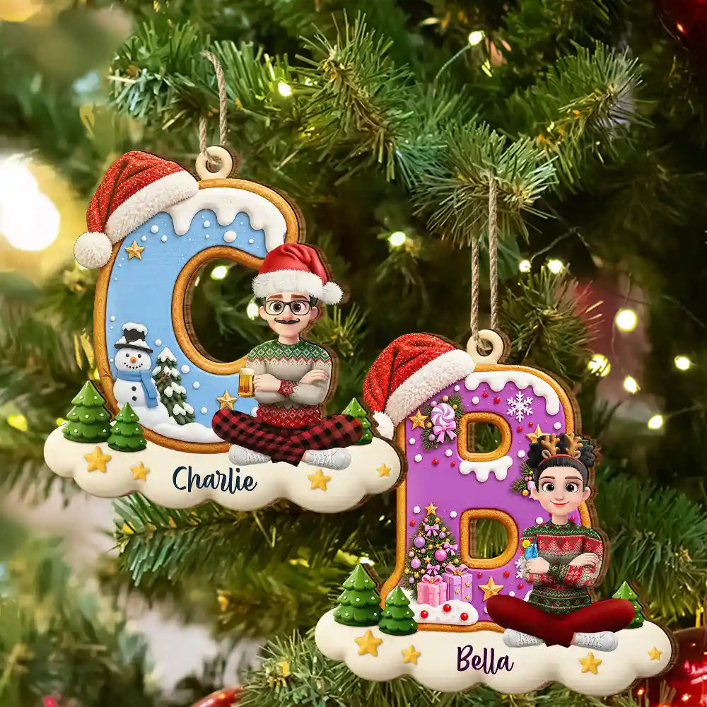 Christmas, Family, Playful, Vector - Gift For Family Kids - Personalized Name And Character Sitting On Snowy Christmas Initial Wooden Ornament