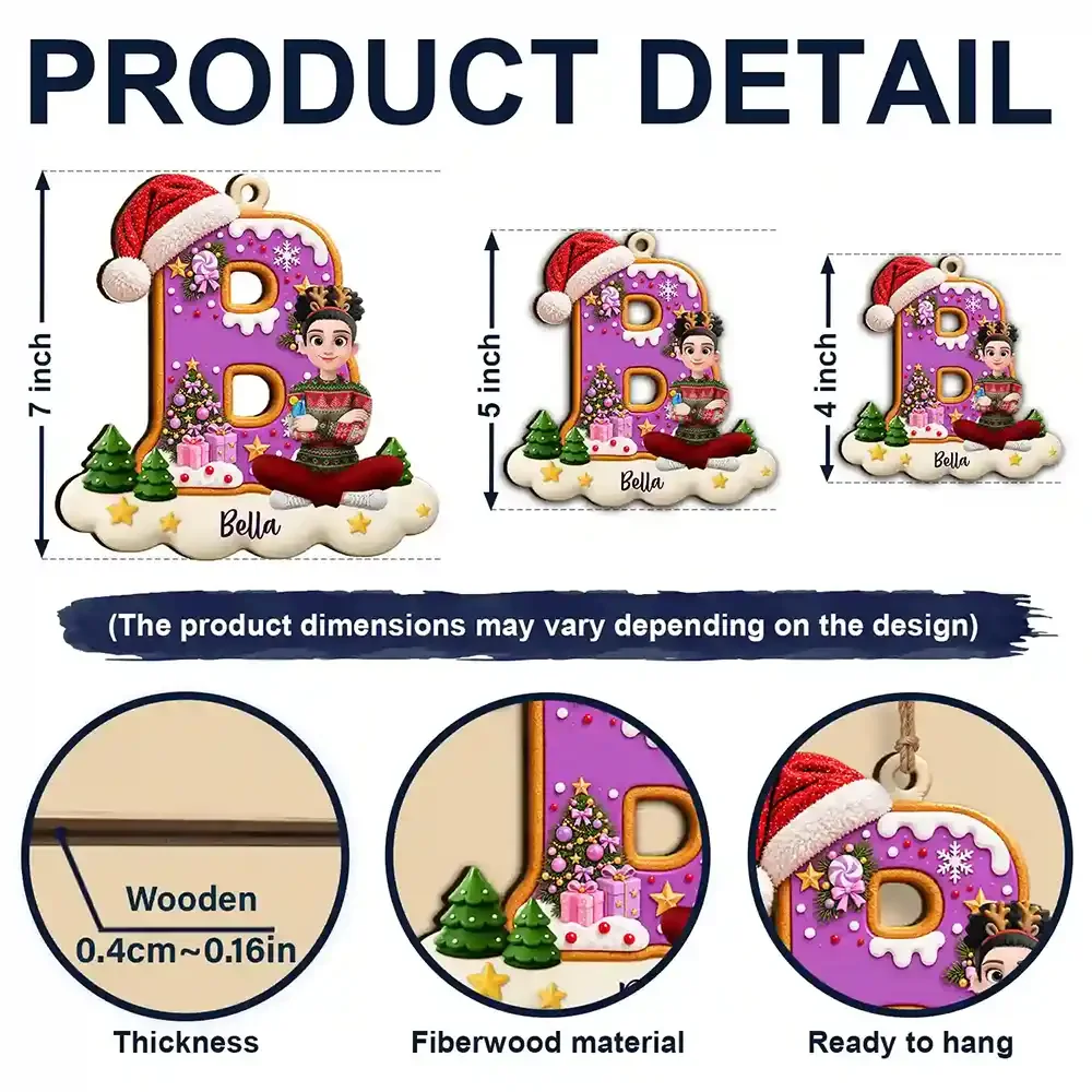 Christmas, Family, Playful, Vector - Gift For Family Kids - Personalized Name And Character Sitting On Snowy Christmas Initial Wooden Ornament