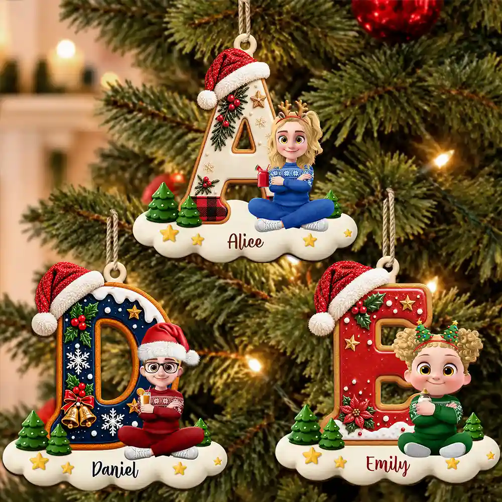 Christmas, Family, Playful, Vector - Gift For Family Kids - Personalized Name And Character Sitting On Snowy Christmas Initial Wooden Ornament