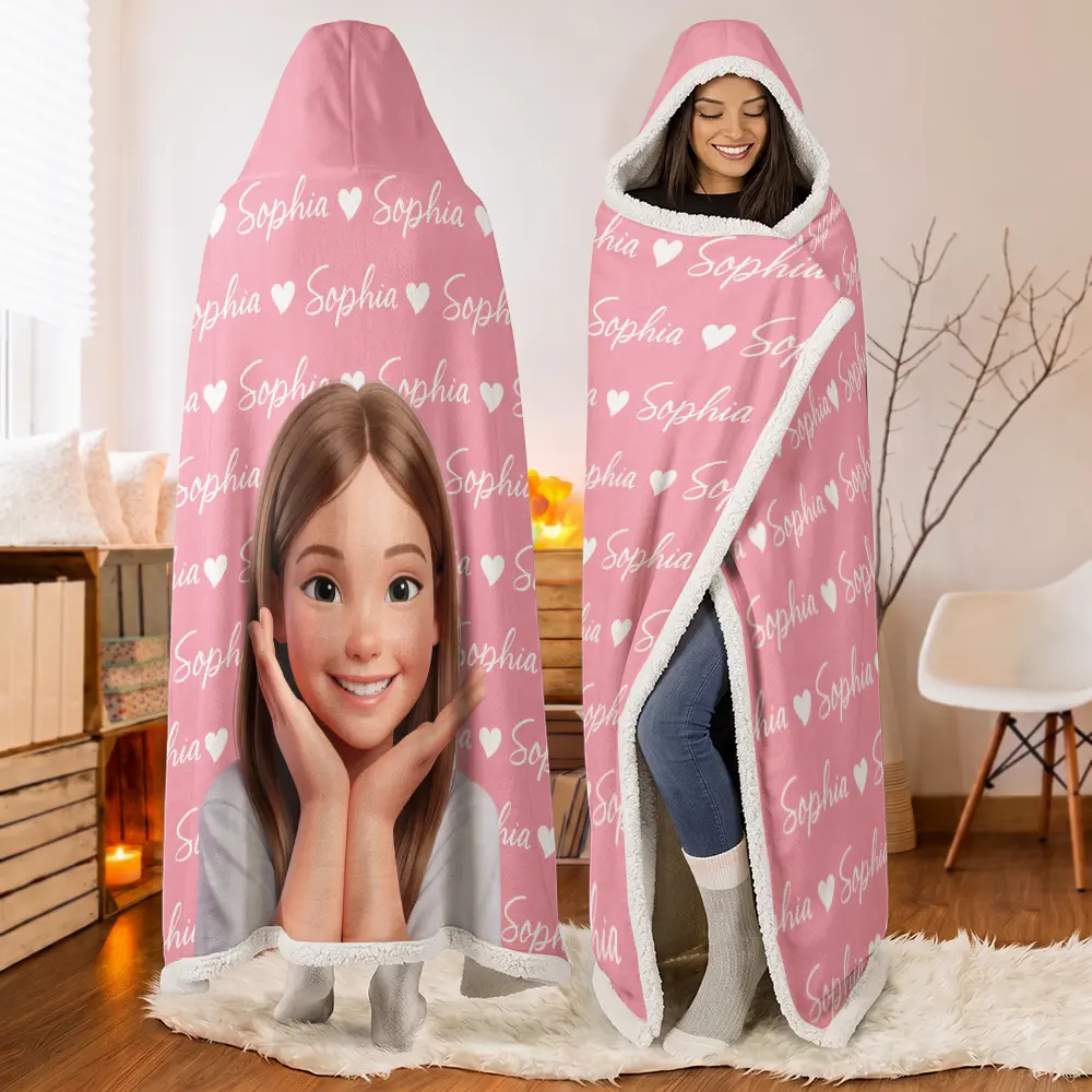 Art Design,Christmas,Custom Photo,Gift For Kids,Photo - Cartoon Portrait,Playful - Gift For Kids - Personalized Custom Photo Adorable Kid With Name Heart Pattern Wearable Hooded Blanket