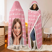 Art Design,Christmas,Custom Photo,Gift For Kids,Photo - Cartoon Portrait,Playful - Gift For Kids - Personalized Custom Photo Adorable Kid With Name Heart Pattern Wearable Hooded Blanket