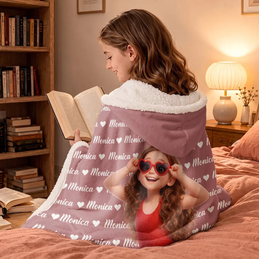 Art Design,Christmas,Custom Photo,Gift For Kids,Photo - Cartoon Portrait,Playful - Gift For Kids - Personalized Custom Photo Adorable Kid With Name Heart Pattern Wearable Hooded Blanket
