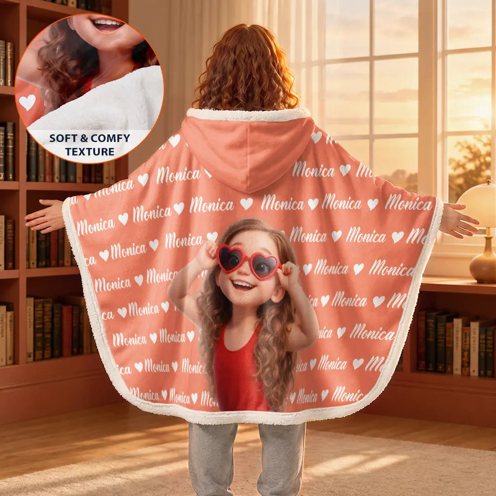 Art Design,Christmas,Custom Photo,Gift For Kids,Photo - Cartoon Portrait,Playful - Gift For Kids - Personalized Custom Photo Adorable Kid With Name Heart Pattern Wearable Hooded Blanket