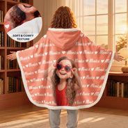 Art Design,Christmas,Custom Photo,Gift For Kids,Photo - Cartoon Portrait,Playful - Gift For Kids - Personalized Custom Photo Adorable Kid With Name Heart Pattern Wearable Hooded Blanket