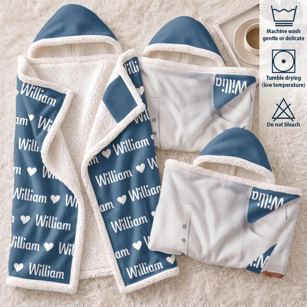 Art Design,Christmas,Custom Photo,Gift For Kids,Photo - Cartoon Portrait,Playful - Gift For Kids - Personalized Custom Photo Adorable Kid With Name Heart Pattern Wearable Hooded Blanket