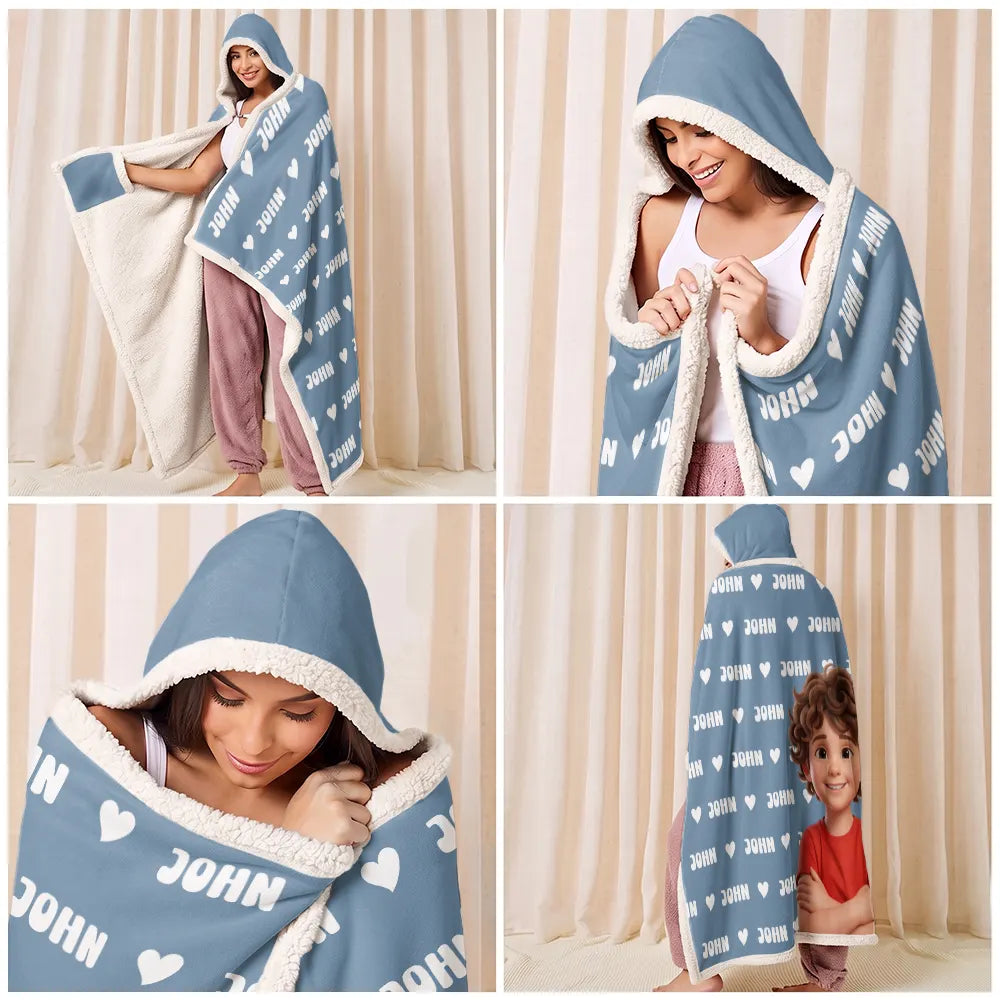 Art Design,Christmas,Custom Photo,Gift For Kids,Photo - Cartoon Portrait,Playful - Gift For Kids - Personalized Custom Photo Adorable Kid With Name Heart Pattern Wearable Hooded Blanket