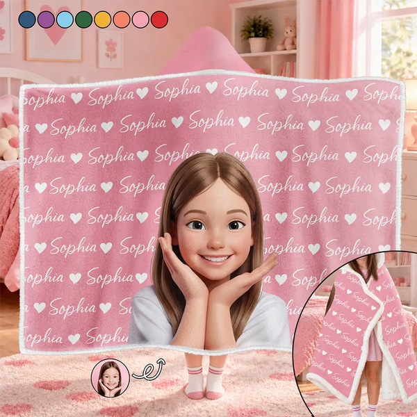 Art Design,Christmas,Custom Photo,Gift For Kids,Photo - Cartoon Portrait,Playful - Gift For Kids - Personalized Custom Photo Adorable Kid With Name Heart Pattern Wearable Hooded Blanket