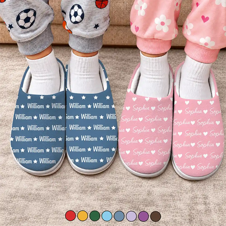 Gift For Kids - Personalized Name Heart Star Pattern Fluffy Slippers