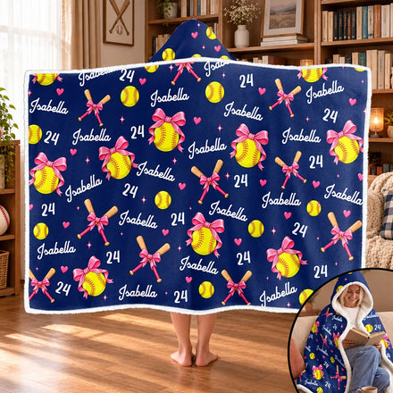 Gift For Softball Player - Personalized Name Number Coquette Bow Wearable Hooded Blanket