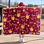 Christmas,Gift For Women,Gift For Yourself,Gifts For Her,Happy,Icon,Softball - Gift For Softball Player - Personalized Name Number Coquette Bow Wearable Hooded Blanket