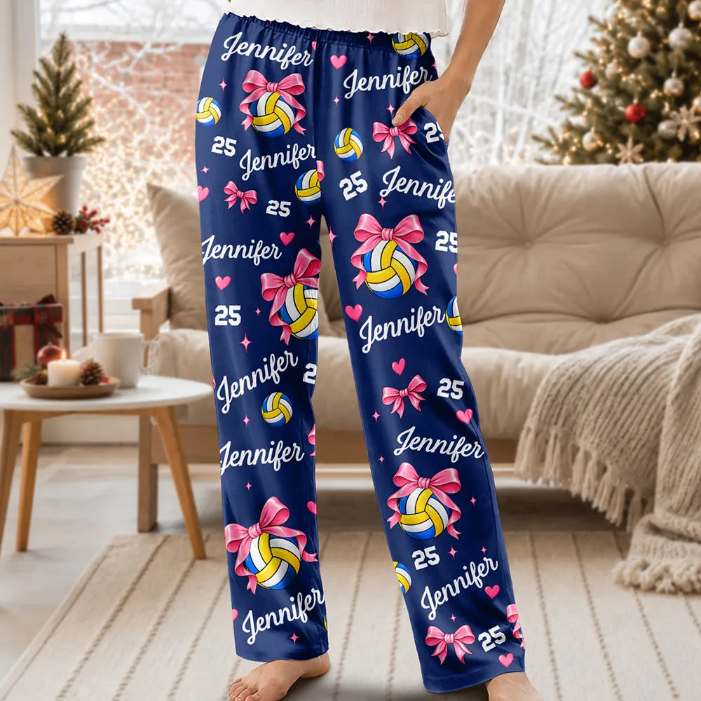 Christmas,Gift For Women,Gift For Yourself,Gifts For Her,Happy,Icon,Volleyball-Gift For Volleyball Player Volleyball Team - Personalized Custom Name Number Coquette Bow Pajama Pants