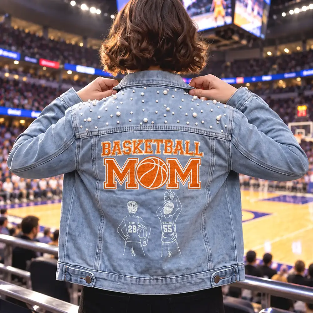 Basketball, Christmas, Confident, Gift For Mother, Gifts For Her, Sport Mom, Vector - Gift For Basketball Mom - Personalized Basketball Mom With Kid Name And Number Denim Jacket