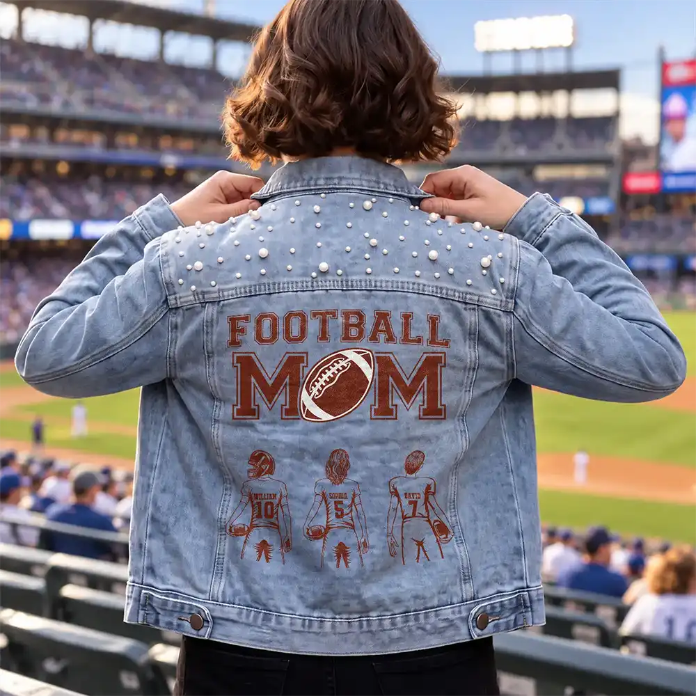 Christmas, Confident, Football, Gift For Mother, Gifts For Her, Sport Mom, Vector - Gift For Football Mom - Personalized American Football Mom With Kid Name And Number Denim Jacket