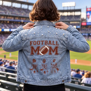 Christmas, Confident, Football, Gift For Mother, Gifts For Her, Sport Mom, Vector - Gift For Football Mom - Personalized American Football Mom With Kid Name And Number Denim Jacket