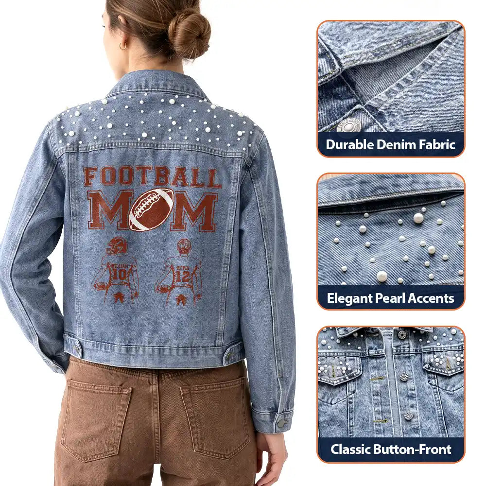 Christmas, Confident, Football, Gift For Mother, Gifts For Her, Sport Mom, Vector - Gift For Football Mom - Personalized American Football Mom With Kid Name And Number Denim Jacket