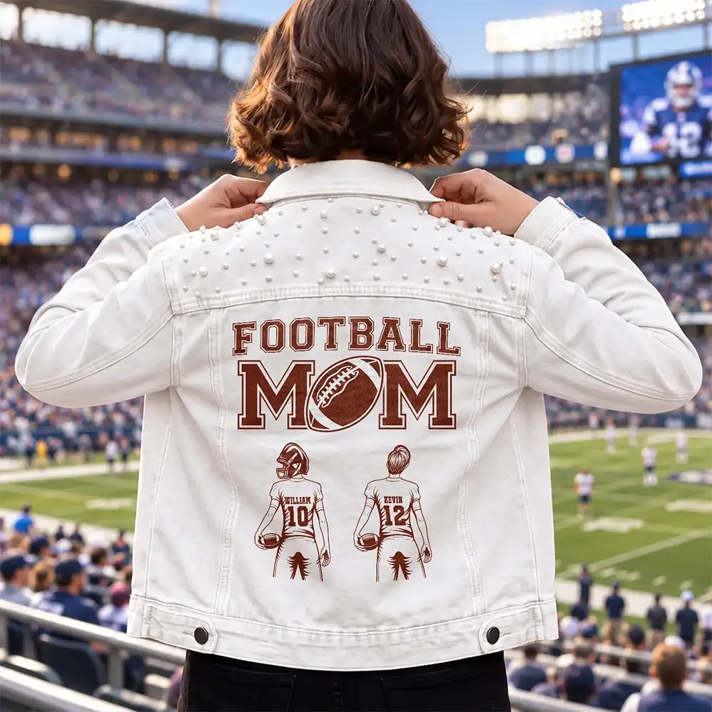 Gift For Football Mom - Personalized American Football Mom With Kid Name And Number Denim Jacket