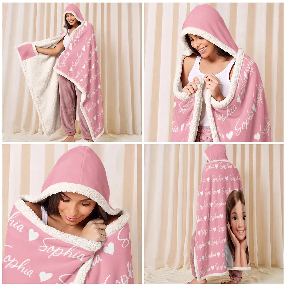 Art Design,Christmas,Custom Photo,Gift For Kids,Photo - Cartoon Portrait,Playful - Gift For Kids - Personalized Custom Photo Adorable Kid With Name Heart Pattern Wearable Hooded Blanket