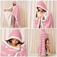 Art Design,Christmas,Custom Photo,Gift For Kids,Photo - Cartoon Portrait,Playful - Gift For Kids - Personalized Custom Photo Adorable Kid With Name Heart Pattern Wearable Hooded Blanket