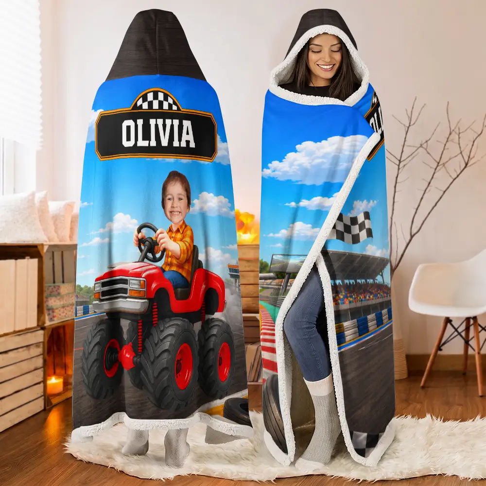 Car,Christmas,Custom Photo,Cut-Face Photo,Gift For Kids,Playful,Truck - Gift For Softball Player - Personalized Name Number Coquette Bow Wearable Hooded Blanket