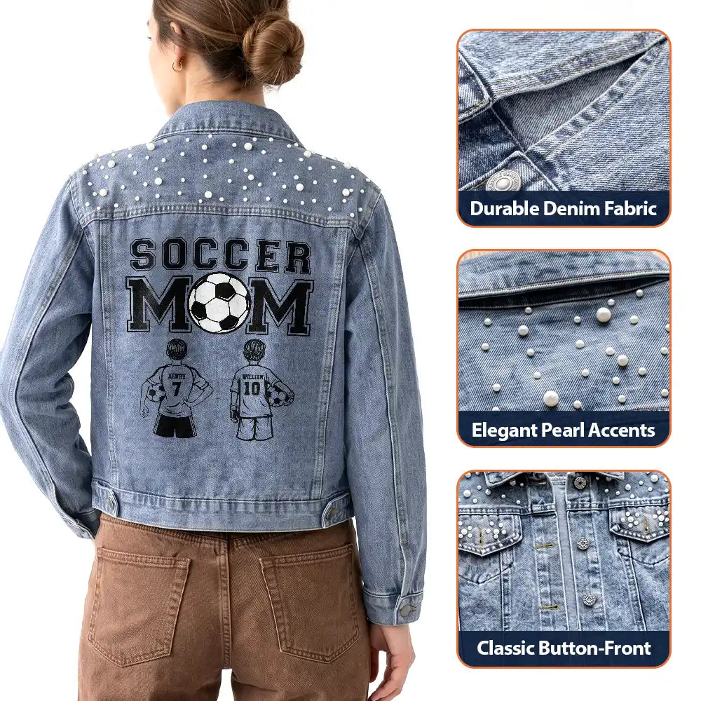 Christmas, Confident, Football (Soccer), Gift For Mother, Gifts For Her, Sport Mom, Vector - Gift For Soccer Mom - Personalized Soccer Mom With Kid Name And Number Denim Jacket