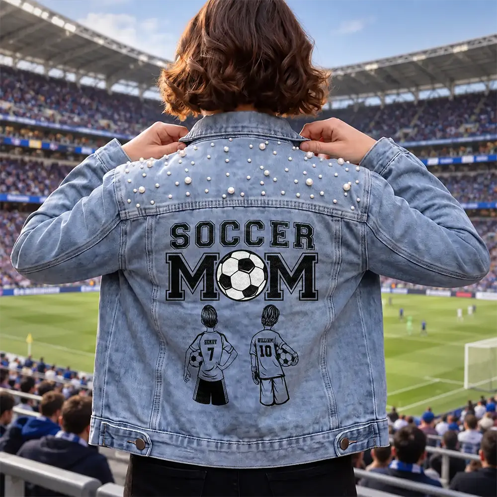 Gift For Soccer Mom - Personalized Soccer Mom With Kid Name And Number Denim Jacket