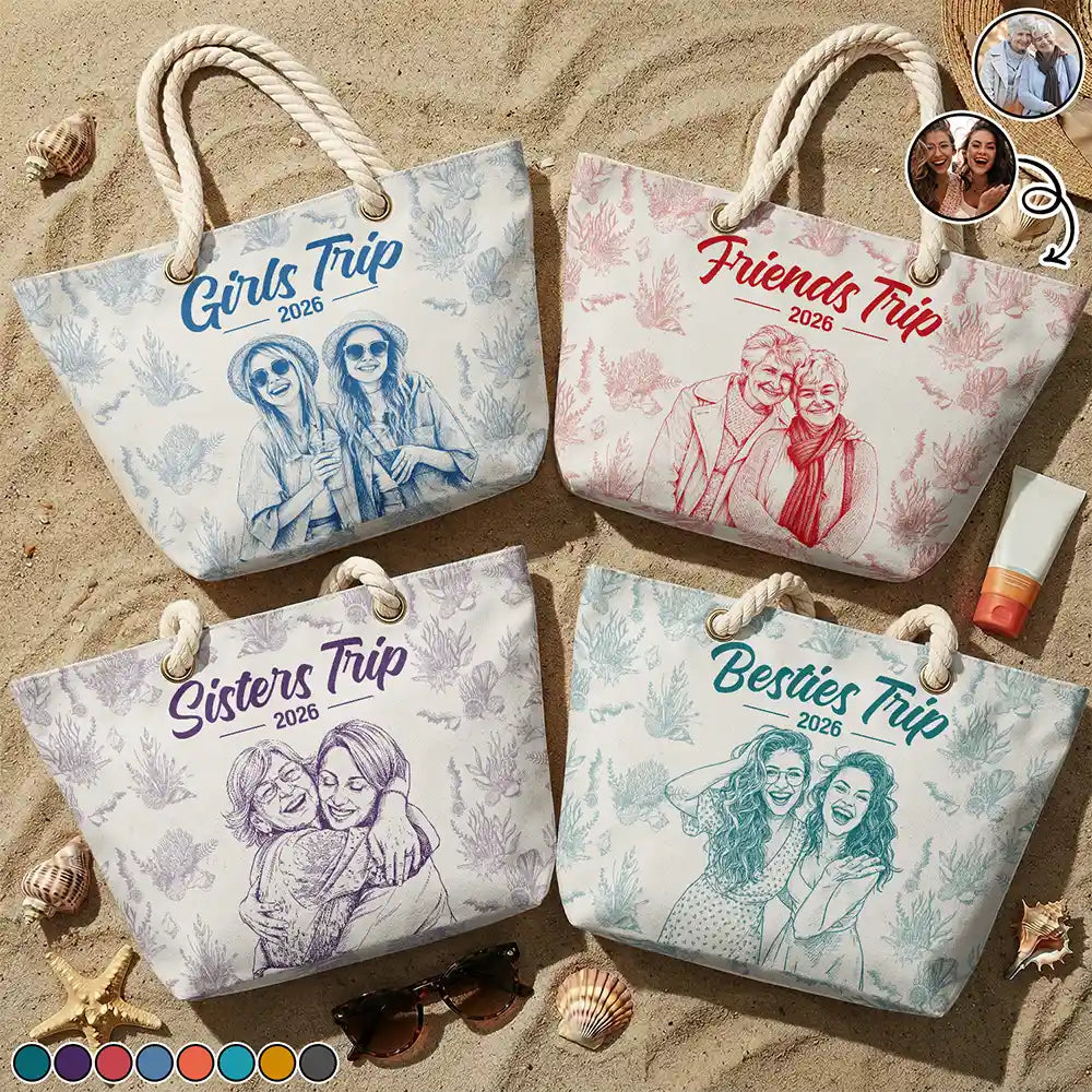 Custom Photo Pencil Sketch Girls Trip In Toile De Jouy Pattern - Personalized Beach Bag