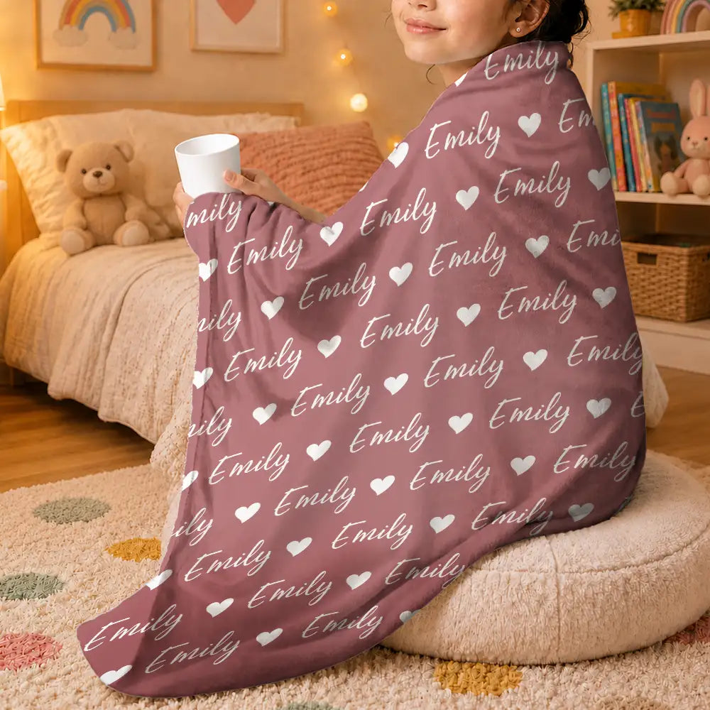 Adorable,Christmas,Custom Text,Gift For Kids,Top Market - Gift for Kids - Personalized Name Heart Pattern Fleece Blanket, Sherpa Blanket