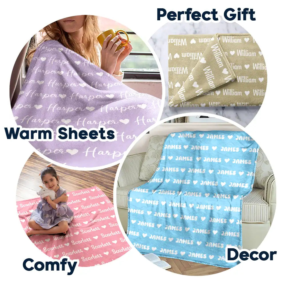 Adorable,Christmas,Custom Text,Gift For Kids,Top Market - Gift for Kids - Personalized Name Heart Pattern Fleece Blanket, Sherpa Blanket