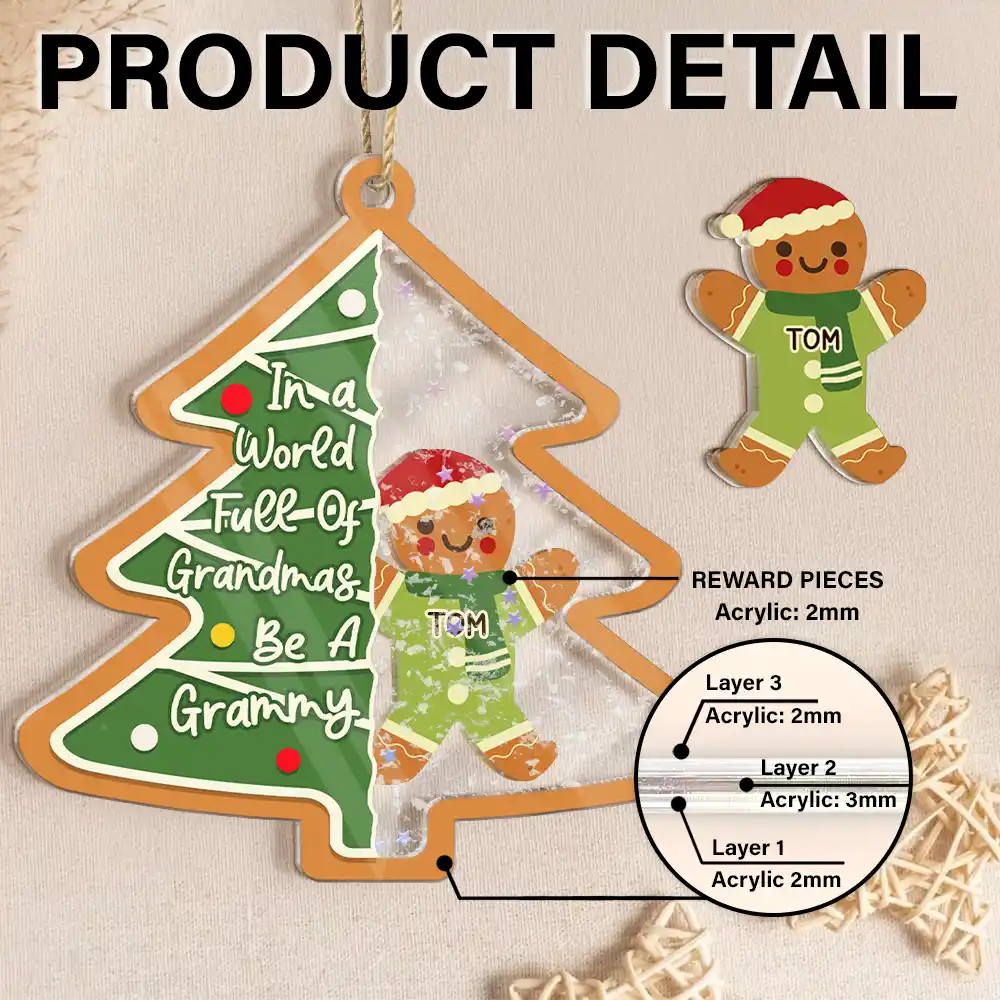 Gift For Grandma, Gift For Women, Christmas, Love - Gingerbread Cookie World Full Of Grandmas - Personalized 3-Layered Acrylic Shaker Ornament