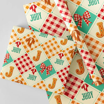 Gingerbread Initial Custom Name With Bow And Plaid - Personalized Wrapping Paper