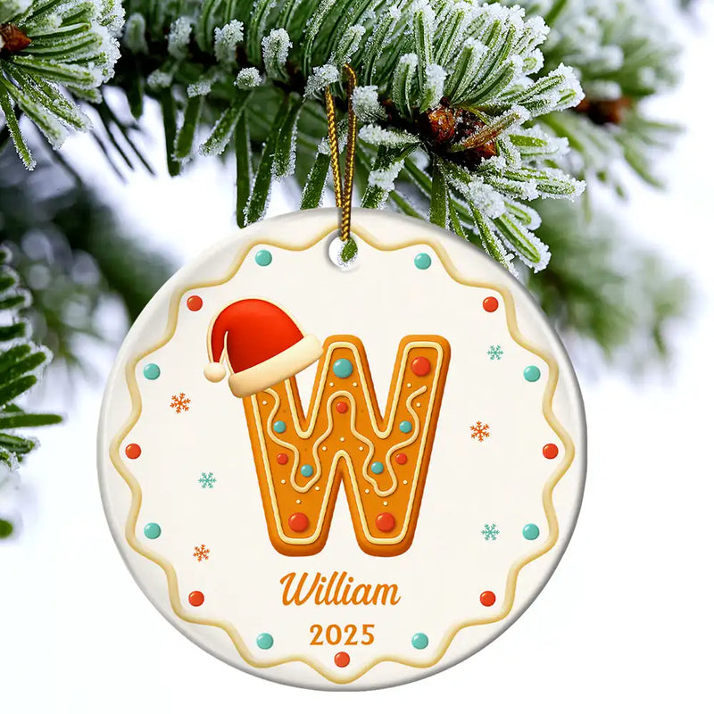 Christmas,Family,Non-Eng,Gift For Yourself - Gingerbread Letters With Santa Hat 2025 - Personalized Circle Ceramic Ornament