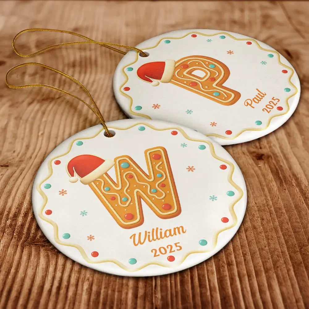 Christmas,Family,Non-Eng,Gift For Yourself - Gingerbread Letters With Santa Hat 2025 - Personalized Circle Ceramic Ornament