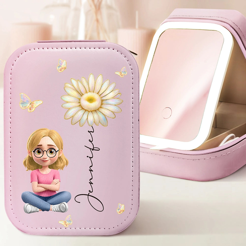 Gift For Women,Gift For Yourself,Top Market,Happy,Gift For Daughter - Girl With Birth Flower Nacre Effect - Personalized Makeup Box With LED Mirror