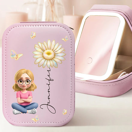 Girl With Birth Flower Nacre Effect - Personalized Makeup Box With LED Mirror