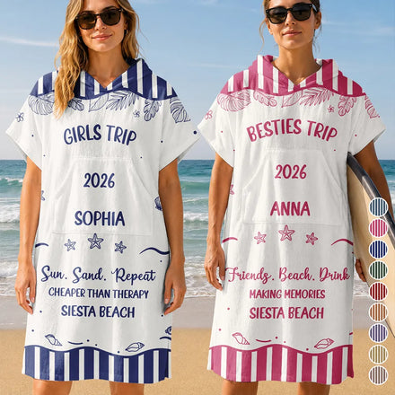 Girls Besties Friends Trip Cheaper Than Therapy - Personalized Hooded Poncho Towel