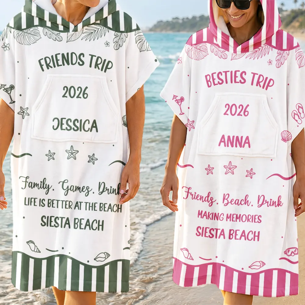 Beach, Summer, Gift For Bestie, Humorous, Custom Text - Girls Besties Friends Trip Cheaper Than Therapy - Personalized Hooded Poncho Towel
