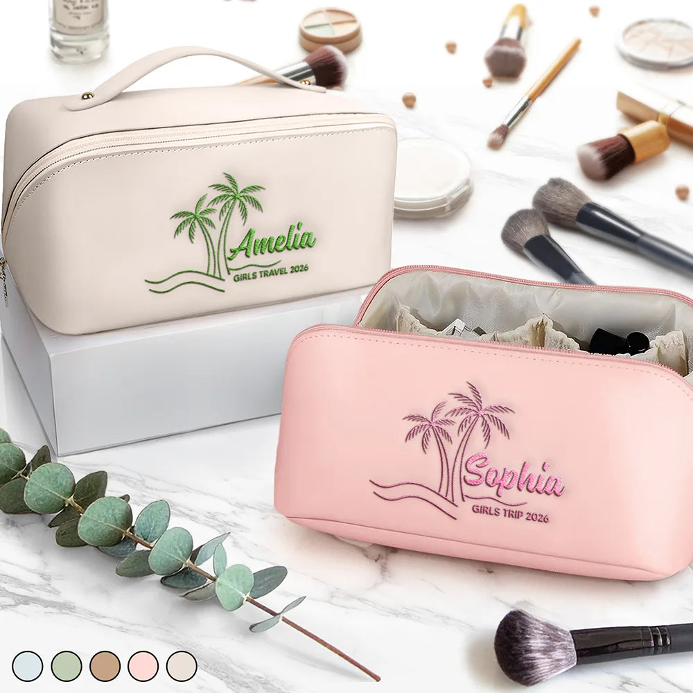 Girls Trip Palm Trees Beach - Personalized Embroidered Leather Makeup Bag
