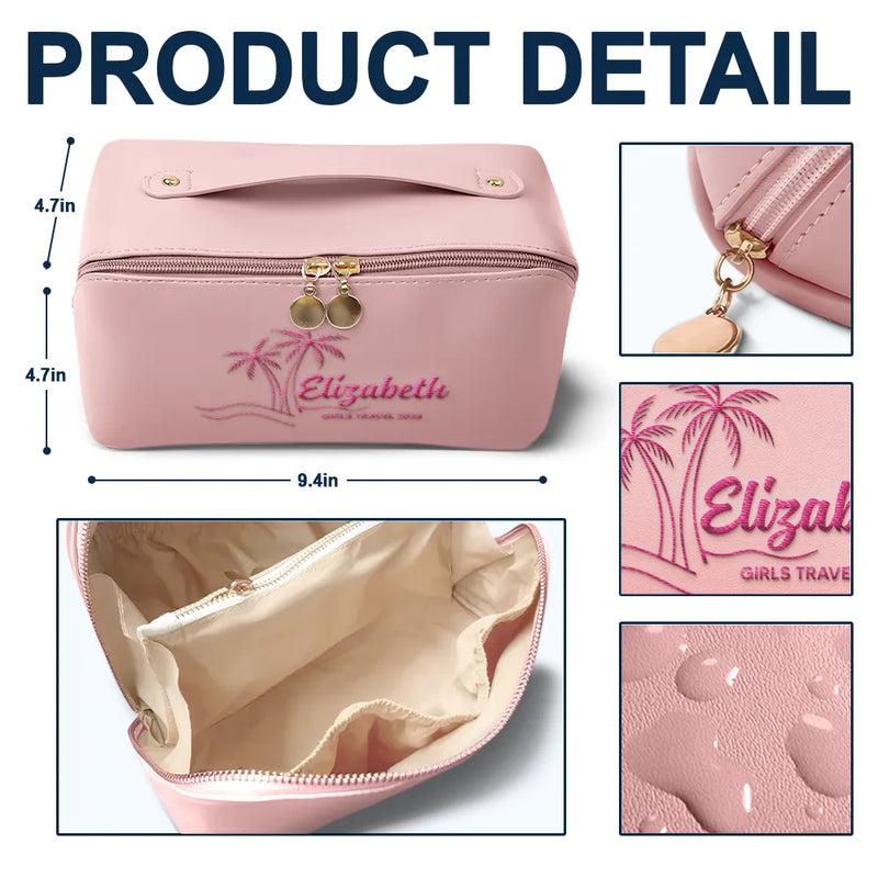 Gift For Women,Happy,Gift For Bestie,Travel,Beach - Girls Trip Palm Trees Beach - Personalized Embroidered Leather Makeup Bag