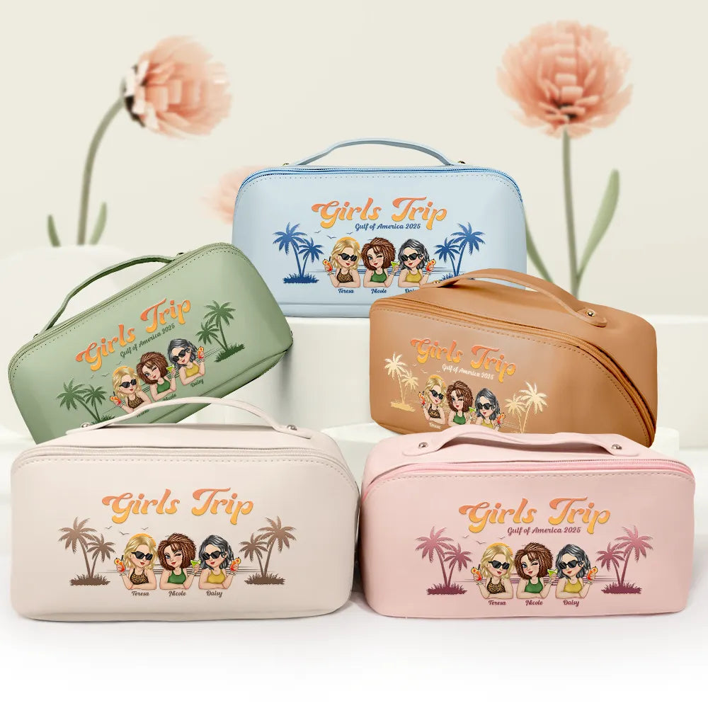 Travel,Beach,Summer,Gift For Bestie,Happy - Girls Trip Summer Vibe - Personalized Leather Makeup Bag