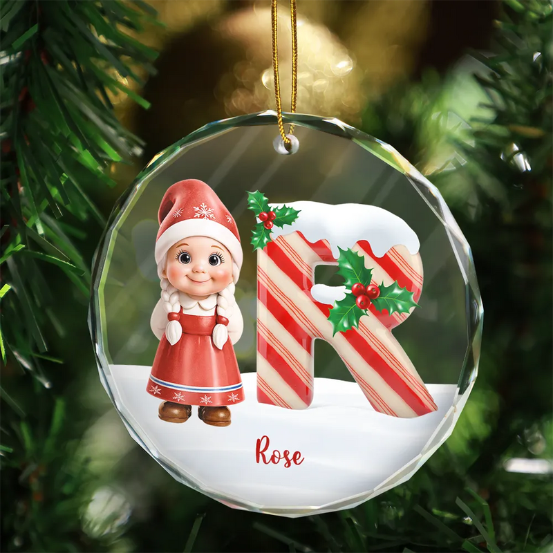 Gift For Kids, New baby, Happy, Christmas - Gnome Baby Christmas Candy Cane Letter - Personalized Circle Glass Ornament