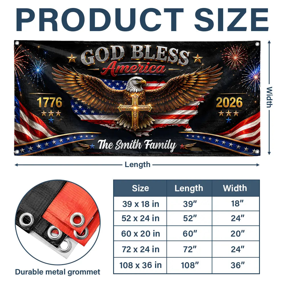 America 250th,Independence Day,Family,Proud,Custom Text - God Bless America - Personalized Horizontal Banner