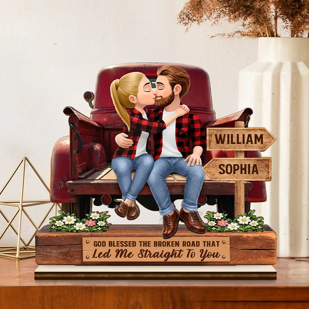 Gift For Couples, Gift For Husband, Gift For Wife, Gift For Girlfriend, Gift For Boyfriend, Love - God Blessed The Broken Road Flannel Couple - Personalized Custom Shaped 2-Layered Acrylic Wooden Plaque