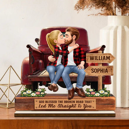God Blessed The Broken Road Flannel Couple - Personalized Custom Shaped 2-Layered Acrylic Wooden Plaque